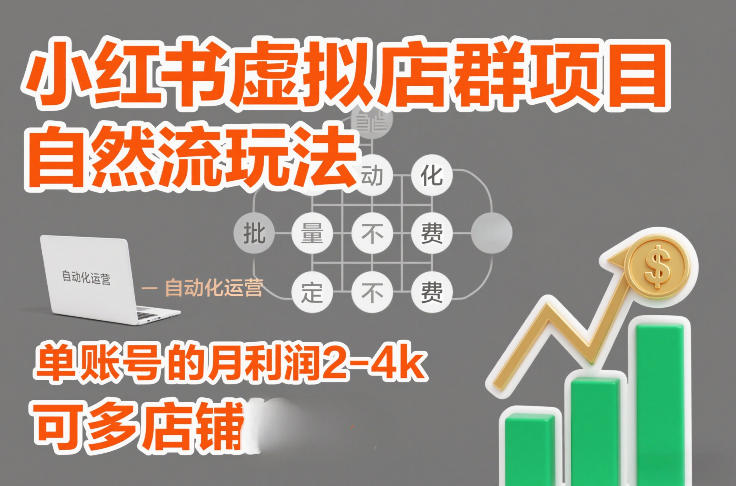 小红书虚拟店群项目，自然流玩法，批量自动化，稳定不费号，单账号的月利润2-4k，可多店矩阵-baizmi