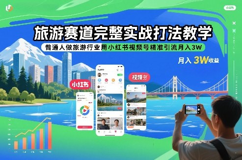 旅游赛道完整实战打法教学，普通人做旅游行业用小红书视频号精准引流月入3W-baizmi