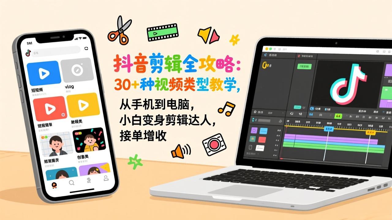 抖音剪辑全攻略：30+种视频类型教学，从手机到电脑，小白变身剪辑达人，接单增收-baizmi