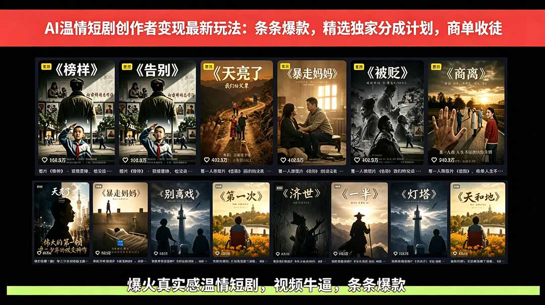 AI温情短剧创作者变现最新玩法：视频牛逼，条条爆款，精选独家分成计划，商单收徒-baizmi