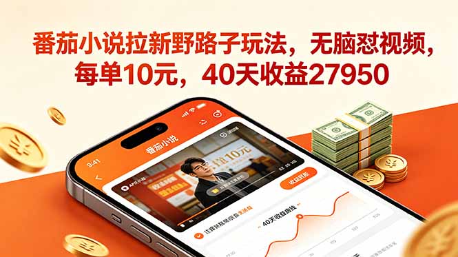 番茄小说拉新野路子玩法，无脑怼视频，每单10元，40天收益27950-baizmi