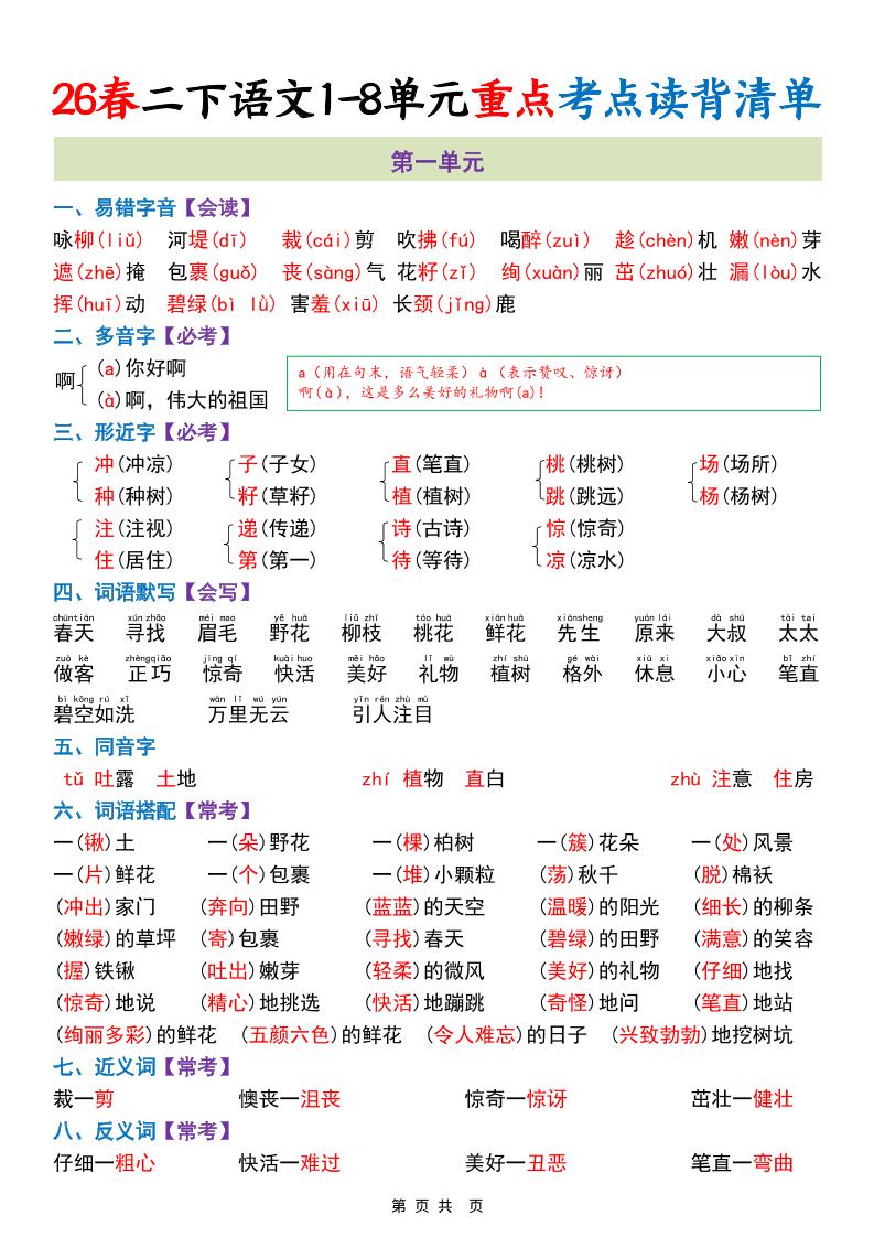 二年级下语文1-8单元重点考点读背清单-baizmi