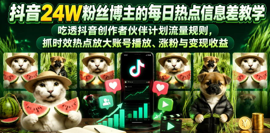抖音24W粉丝博主的每日热点信息差教学，吃透创作者伙伴计划流量规则，抓时效热点放大账号播放、涨粉与变现收益-baizmi