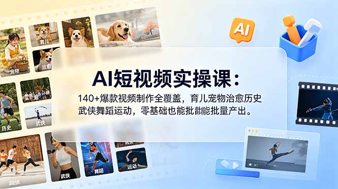 AI短视频实操课：140+爆款视频制作全覆盖，育儿宠物治愈历史武侠舞蹈运动，零基础也能批量产出-baizmi