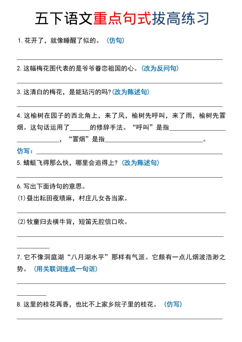 五年级下语文《重点句式》拔高练习-baizmi
