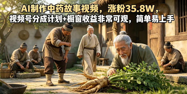 AI制作中药故事视频，涨粉35.8W，视频号分成计划+橱窗收益非常可观，简单易上手-baizmi