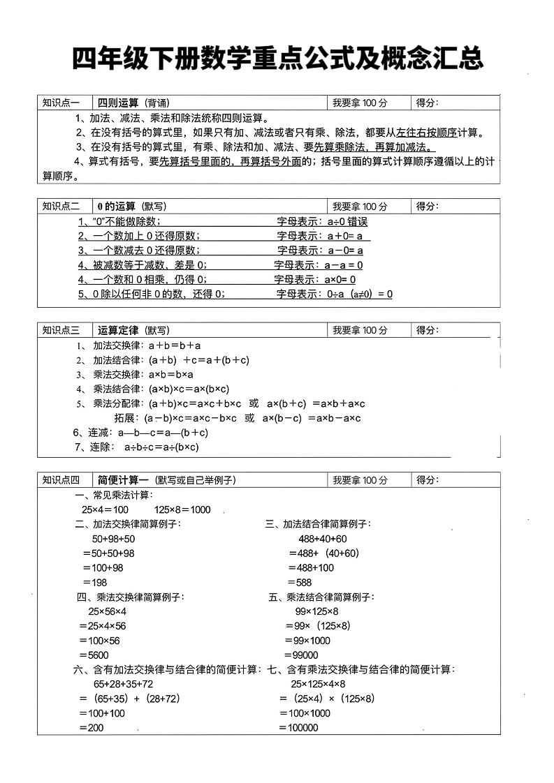 四年级下数学重点公式及概念汇总-baizmi
