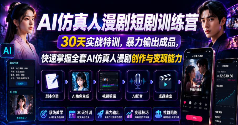 AI仿真人漫剧短剧训练营，30天实战特训，暴力输出成品，快速掌握全套AI仿真人漫剧创作与变现能力-baizmi