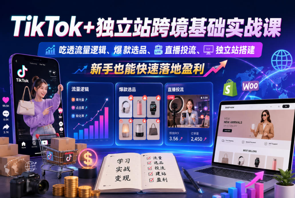 TikTok+独立站跨境基础实战课，吃透流量逻辑、爆款选品、直播投流与独立站搭建，新手也能快速落地盈利-baizmi