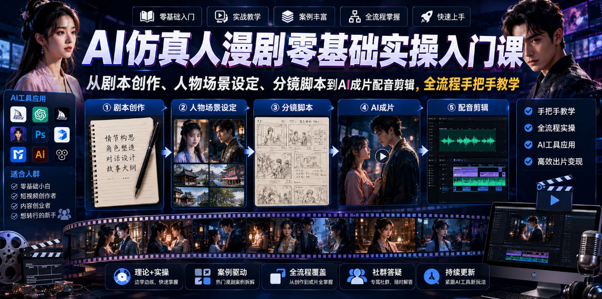 AI仿真人漫剧零基础实操入门课，从剧本创作、人物场景设定、分镜脚本到AI成片配音剪辑，全流程手把手教学-baizmi