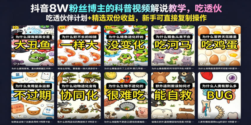 抖音8W粉丝博主的科普视频解说教学，吃透伙伴计划+精选双份收益，新手可直接复制操作-baizmi