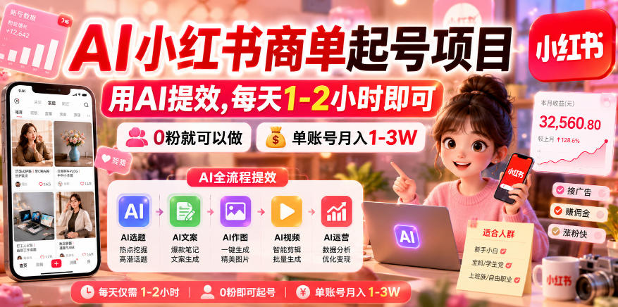 AI小红书商单起号项目，用AI提效,每天1-2小时即可，0粉就可以做，单账号月入1-3W-baizmi