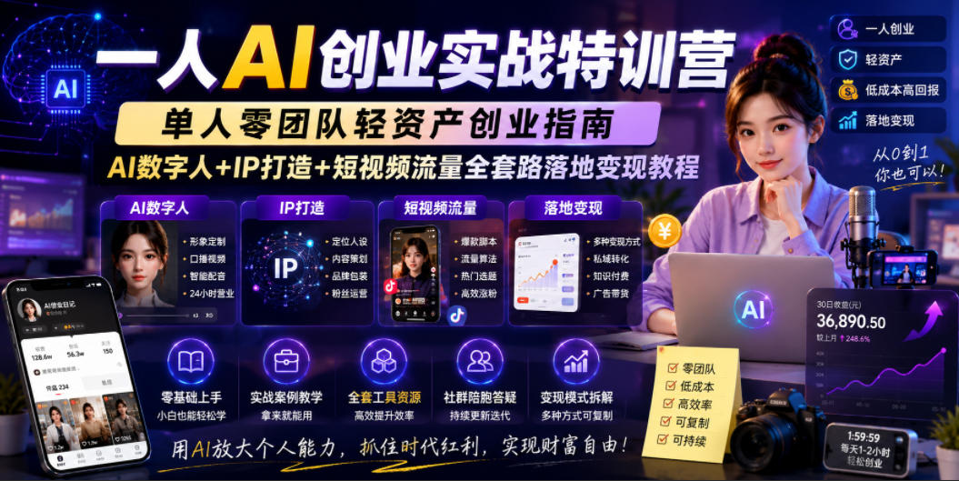 一人AI创业实战特训营，单人零团队轻资产创业指南，AI数字人+IP打造+短视频流量全套路落地变现教程-baizmi