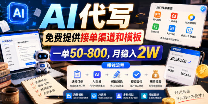 AI代写，免费提供接单渠道和模板，一单50-800，月稳入2W【揭秘】-baizmi