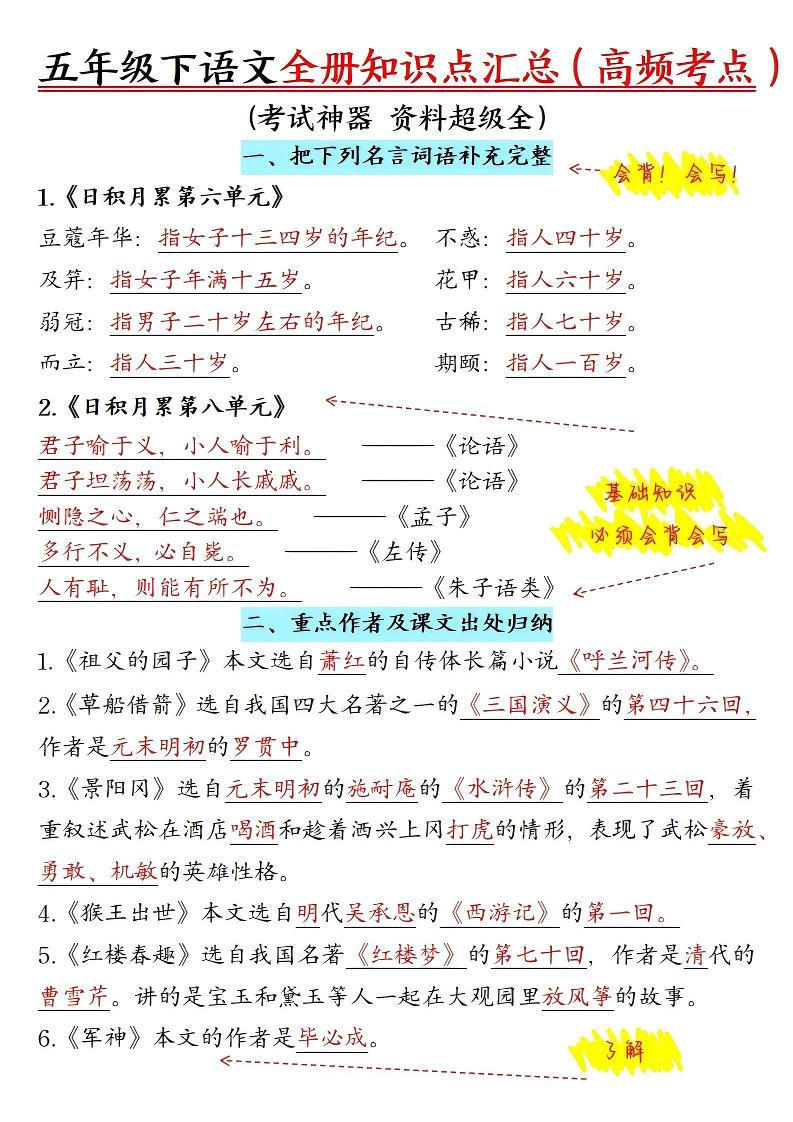 五年级下语文期末全册知识点汇总高频考点-baizmi