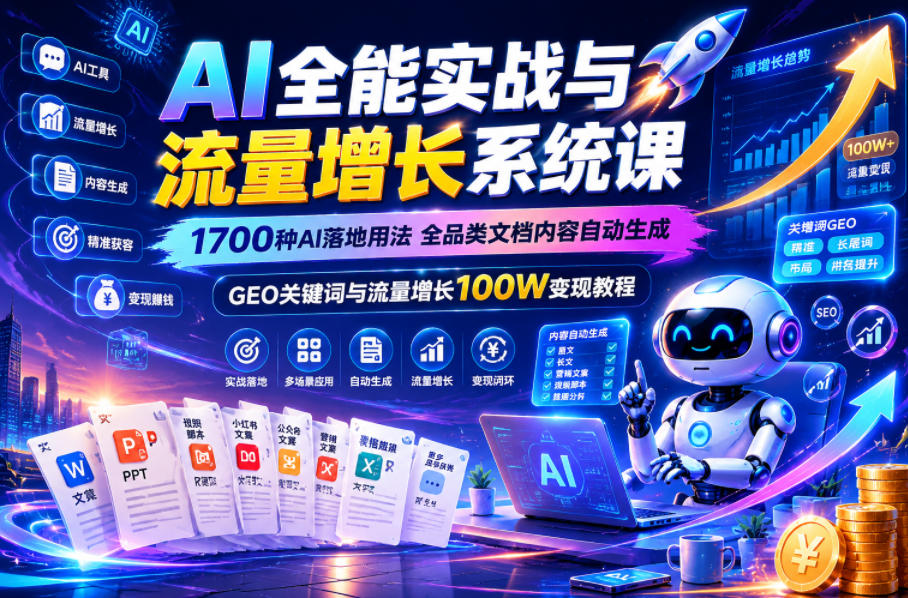 AI全能实战与流量增长系统课，1700种AI落地用法，全品类文档内容自动生成，GEO关键词与流量增长100W变现教程-baizmi