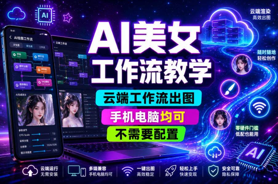 AI美女工作流教学，云端工作流出图，手机电脑均可，不需要配置，快速起号涨粉-baizmi