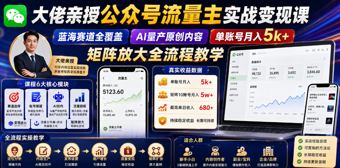 大佬亲授公众号流量主实战变现课，蓝海赛道全覆盖，AI量产原创内容，单账号月入5k+矩阵放大全流程教学-baizmi