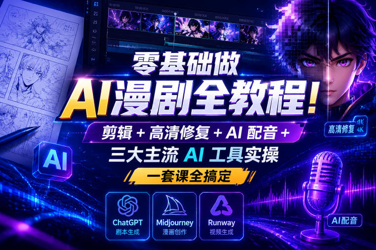零基础做AI漫剧全教程！剪辑+高清修复+AI配音+三大主流AI工具实操，一套课全搞定-baizmi