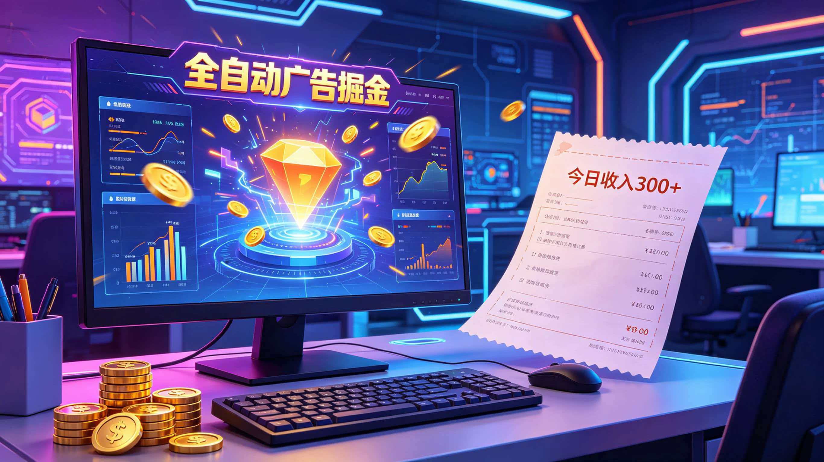 全自动广告掘金，日入300+。全程Ai自动化运行，解放双手，时间自由。收益稳定-baizmi