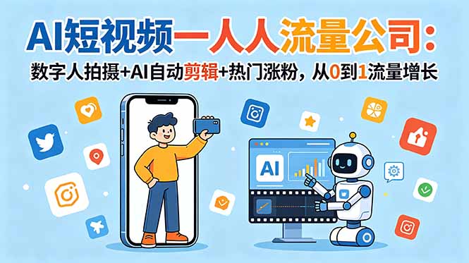 AI短视频一人流量公司：数字人拍摄+AI自动剪辑+热门涨粉，从0到1流量增长-baizmi