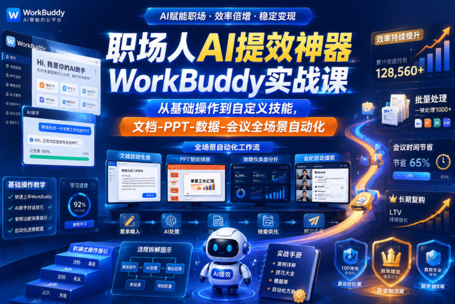 职场人AI提效神器WorkBuddy实战课，从基础操作到自定义技能，文档-PPT-数据-会议全场景自动化-baizmi