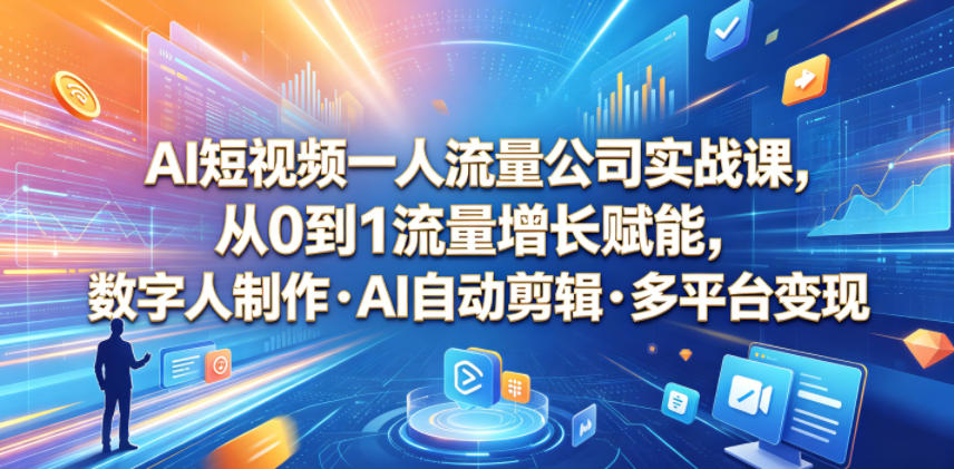 AI短视频一人流量公司实战课，从0到1流量增长赋能，数字人制作・AI自动剪辑・多平台变现，一人做流量生意全落地教程-baizmi
