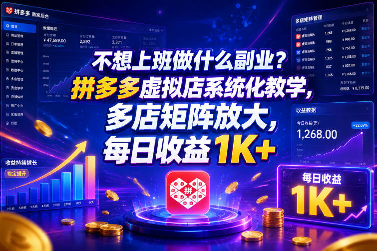不想上班做什么副业？拼多多虚拟店系统化教学，多店矩阵放大，每日收益1K+【揭秘】-baizmi