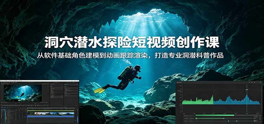 洞穴潜水探险短视频创作课：从软件基础角色建模到动画跟踪渲染，打造专业洞潜科普作品-baizmi
