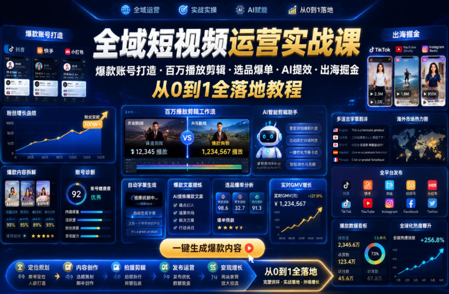 全域短视频运营实战课，爆款账号打造・百万播放剪辑・选品爆单・AI提效・出海掘金，从0到1全落地教程-baizmi