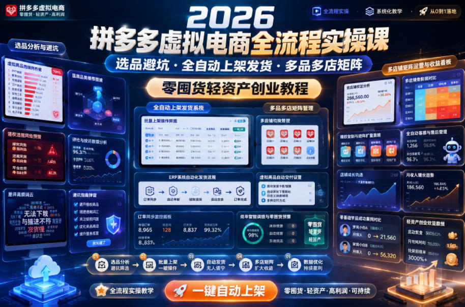 2026拼多多虚拟电商全流程实操课，选品避坑・全自动上架发货・多品多店矩阵，零囤货轻资产创业教程-baizmi