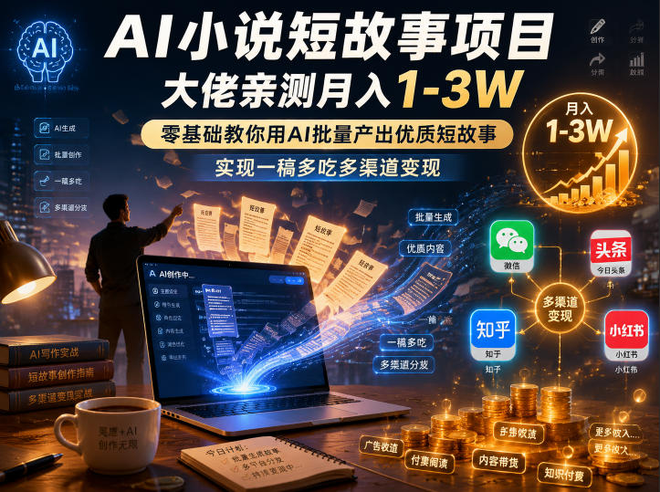 AI小说短故事项目，大佬亲测月入1-3W，零基础教你用AI批量产出优质短故事，实现一稿多吃多渠道变现-baizmi