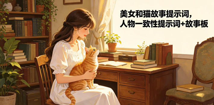 美女和猫故事提示词，人物一致性提示词+故事板-baizmi