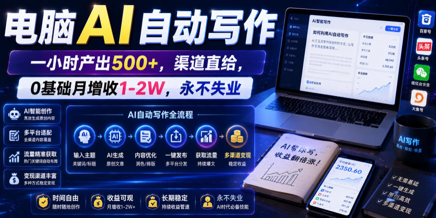 电脑AI自动写作，一小时产出500+，渠道直给，0基础月增收1-2W，永不失业【揭秘】-baizmi