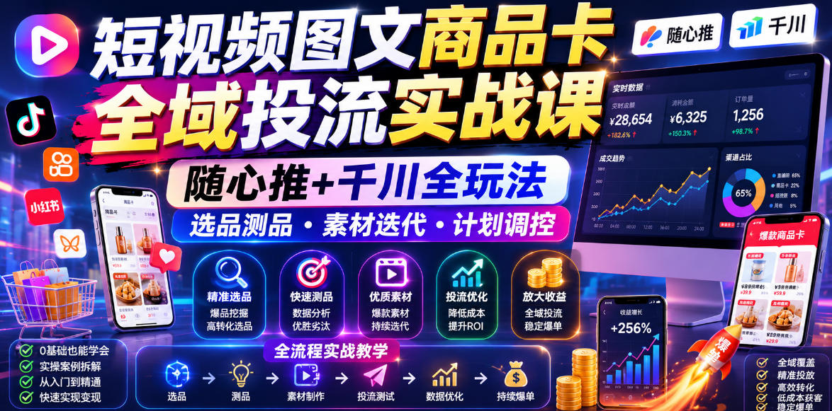 短视频图文商品卡全域投流实战课，随心推+千川全玩法，选品测品・素材迭代・计划调控，提升ROI爆单增收教程-baizmi