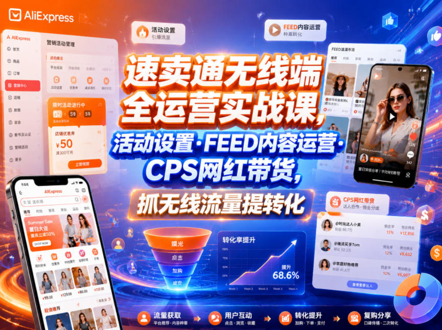 速卖通无线端全运营实战课，活动设置・FEED内容运营・CPS网红带货，抓无线流量提转化-baizmi