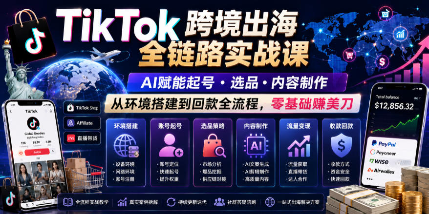 TikTok跨境出海全链路实战课，AI赋能起号・选品・内容制作，从环境搭建到回款全流程，零基础賺美刀-baizmi