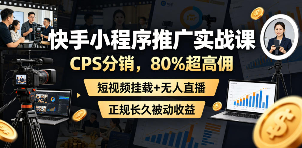 快手小程序推广实战课，CPS分销，80%超高佣，短视频挂载+无人直播，正规长久被动收益-baizmi