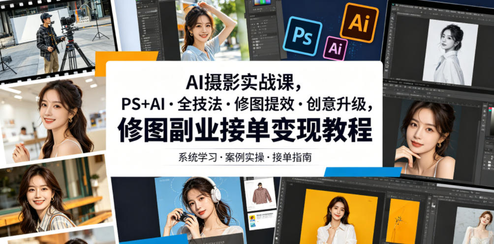 AI摄影实战课，PS+AI・全技法・修图提效・创意升级，修图副业接单变现教程-baizmi