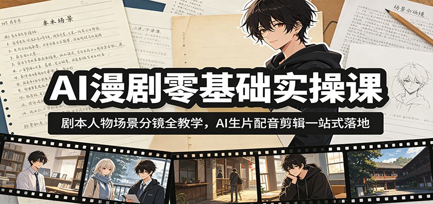 AI漫剧零基础实操课：剧本人物场景分镜全教学，AI生片配音剪辑一站式落地-baizmi