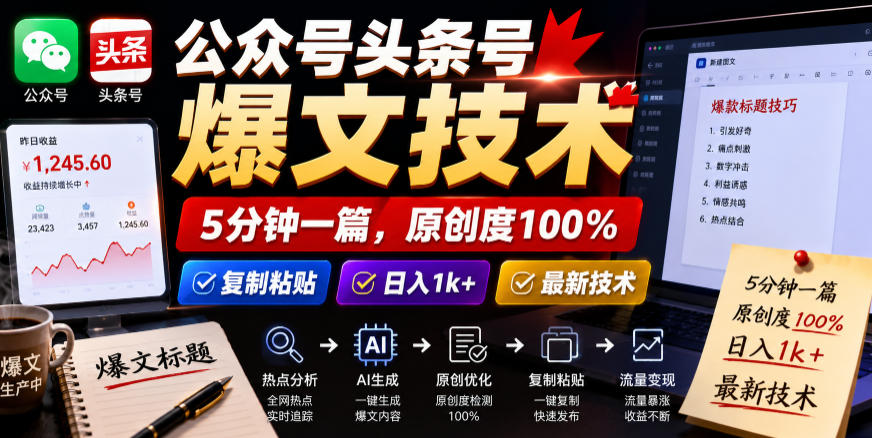 公众号头条号爆文技术，5分钟一篇，原创度100%，复制粘贴，日入1k+，最新技术【揭秘】-baizmi