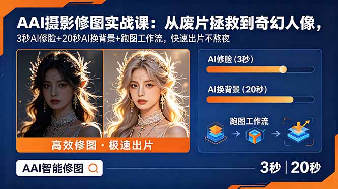 AI摄影修图实战课：从废片拯救 到 奇幻人像，3秒AI修脸+20秒AI换背景+跑图工作流，快速出片不熬夜-baizmi