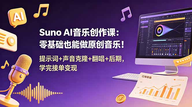 Suno AI音乐创作课：零基础也能做原创音乐！提示词+声音克隆+翻唱+后期，学完接单变现-baizmi