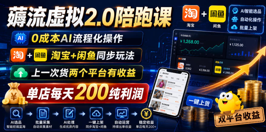 薅流虚拟2.0陪跑课，0成本AI流程化操作，淘宝+闲鱼同步玩法，上一次货两个平台有收益，单店每天200纯利润-baizmi