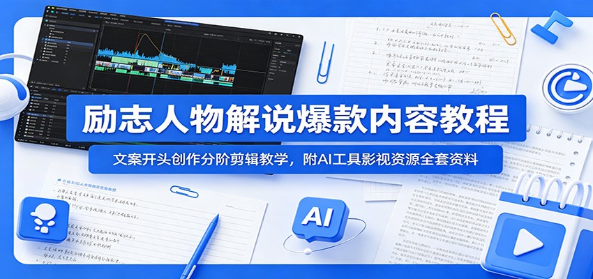 励志人物解说爆款内容教程：文案开头创作分阶剪辑教学，附AI 工具影视资源全套资料-baizmi