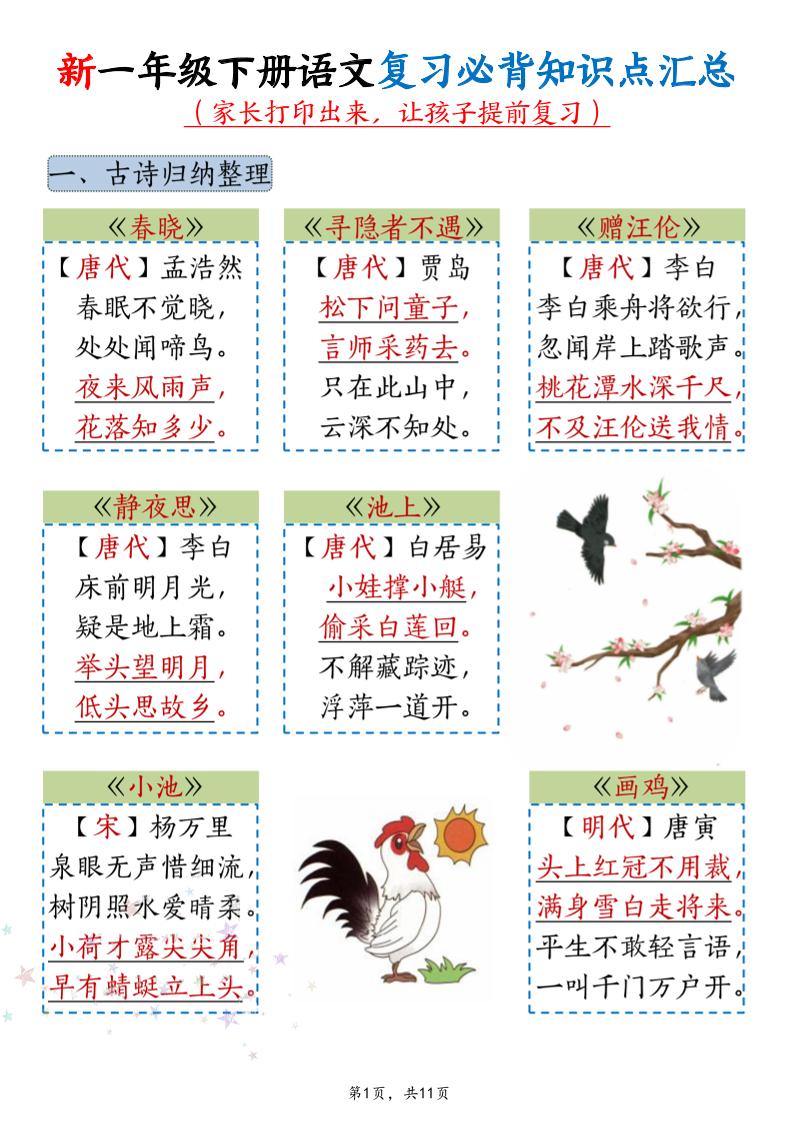 新一年级下册语文复习必背知识点汇总-baizmi