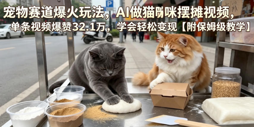 宠物赛道爆火玩法，AI做猫咪摆摊视频，单条视频爆赞32.1万，学会轻松变现【附保姆级教学】-baizmi