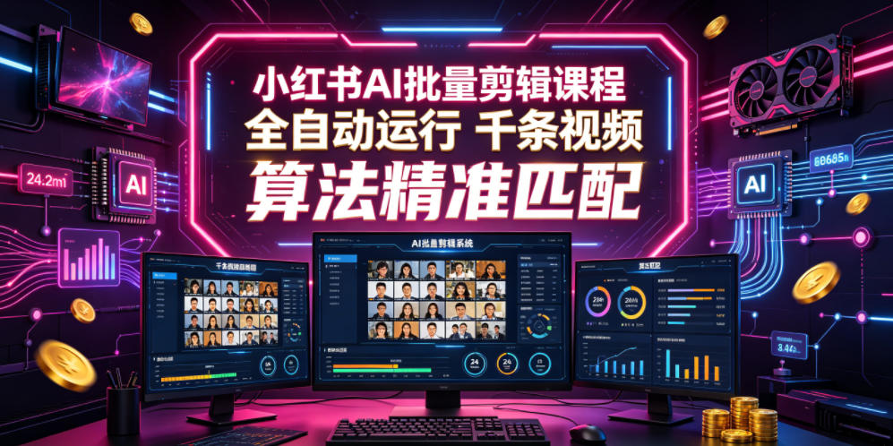小红书AI批量剪辑课程，24小时全自动运行，解放双手专注运营，千条视频批量处理，小红书算法精准匹配-baizmi