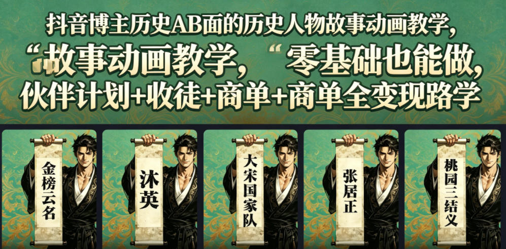 抖音博主历史AB面的历史人物故事动画教学，零基础也能做，伙伴计划+收徒+商单全变现路径教学-baizmi