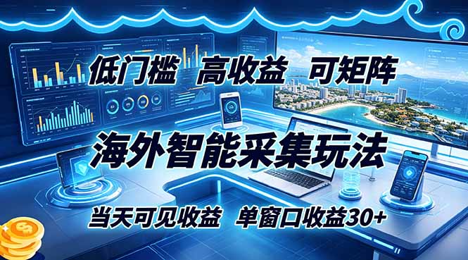 海外智能采集玩法，低门槛高单价可矩阵，当天可见收益，单窗口30+-baizmi